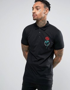 Длинная обтягивающая футболка-поло с вышитой розой ASOS - Черный