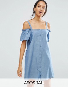 Сарафан на пуговицах из ткани шамбре с вырезами на плечах ASOS TALL - Синий