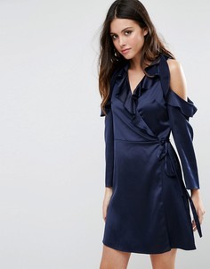 Атласное чайное платье с запахом спереди ASOS - Темно-синий