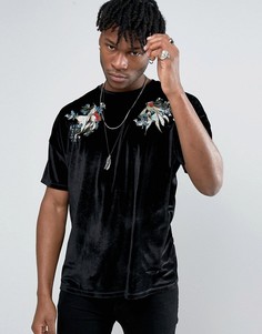 Бархатная футболка с вышивкой ASOS Premium - Черный