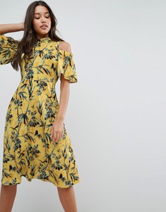 Платье миди с вырезами на плечах и цветочным принтом ASOS Agatha - Мульти