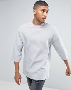 Свободная футболка в рубчик с рукавами 3/4 ASOS - Серый