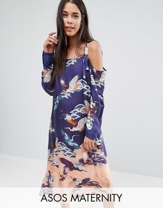 Платье с вырезами на плечах и принтом птиц ASOS Maternity - Мульти