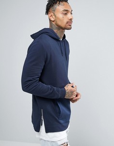 Длинное худи с тканым карманом и молниями ASOS - Темно-синий