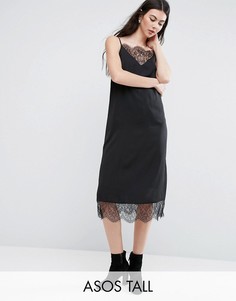 Платье-комбинация миди с кружевной вставкой ASOS TALL - Черный