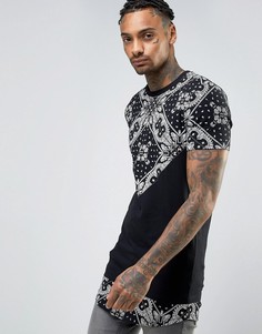 Черная супердлинная футболка с платочным принтом на кокетке и молниями ASOS - Черный