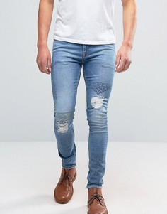 Супероблегающие джинсы с вышивкой и рваной отделкой ASOS - Синий