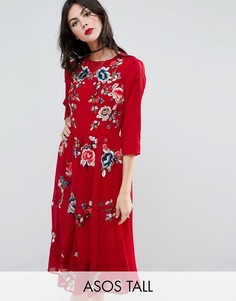 Короткое приталенное платье миди с цветочной вышивкой ASOS TALL PREMIUM - Красный