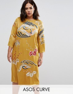 Цельнокройное платье с длинными рукавами и вышивкой ASOS CURVE - Желтый
