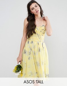Присборенное платье миди с цветочным принтом ASOS TALL WEDDING - Желтый