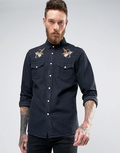 Джинсовая рубашка классического кроя в стиле вестерн с рваной отделкой и вышивкой ASOS - Черный