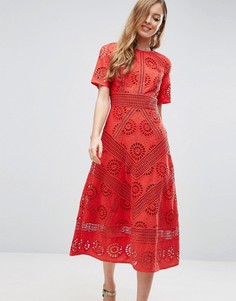 Платье миди с вышивкой ришелье ASOS PREMIUM - Красный