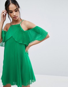 Плиссированное платье мини с открытыми плечами ASOS - Зеленый