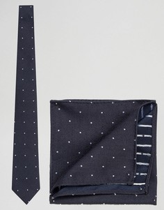 Фактурный галстук в горошек и платок для нагрудного кармана ASOS - Темно-синий
