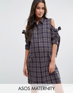 Платье-рубашка в клетку с бантами и вырезами на плечах ASOS Maternity - Мульти