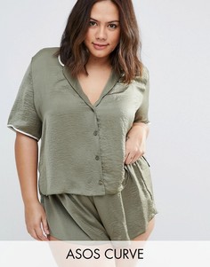 Пижамный топ с атласной окантовкой и шорты ASOS CURVE Miley - Зеленый