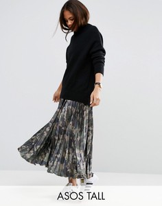 Атласная плиссированная юбка с камуфляжным принтом ASOS TALL - Мульти