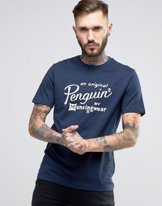 Темно-синяя узкая футболка с надписью в виде логотипа Original Penguin - Темно-синий