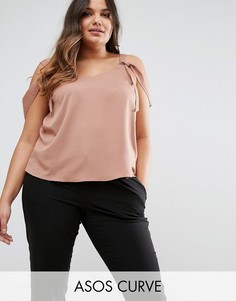 Атласный топ с открытыми плечами и завязками ASOS CURVE - Бежевый
