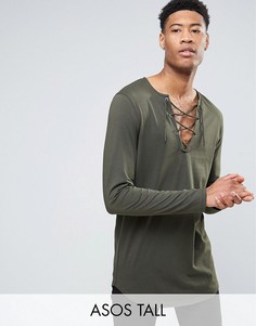 Длинный лонгслив с горловиной на шнуровке ASOS TALL - Зеленый