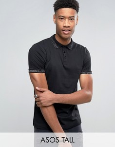 Футболка-поло с отделкой на воротнике цвета металлик ASOS TALL - Черный