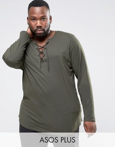 Длинный лонгслив со шнуровкой у горловины ASOS PLUS - Зеленый