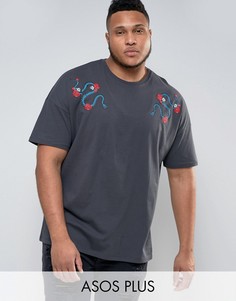 Oversize-футболка с вышитой змеей и розами на плечах ASOS PLUS - Серый