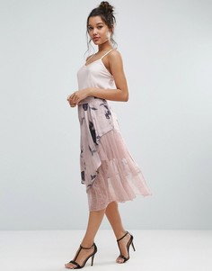 Атласная юбка с кружевом и цветочным принтом ASOS - Мульти