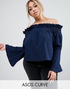 Синий джинсовый топ с открытыми плечами и расклешенными рукавами ASOS CURVE - Синий