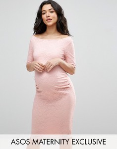 Кружевное платье с открытыми плечами и укороченными рукавами ASOS Maternity - Розовый