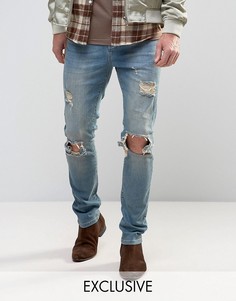 Светлые узкие джинсы с рваной отделкой Mennace - Синий