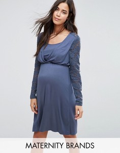 Короткое приталенное платье с кружевными рукавами Mamalicious Nursing - Синий Mama.Licious