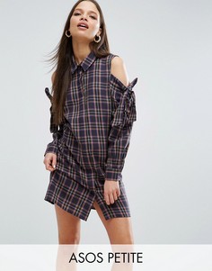 ASOS PETITE Cold Shoulder Check Shirt Dress with Bow Detail - Мульти