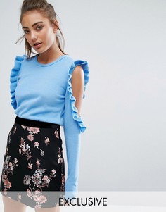 Вязаный джемпер с вырезами на плечах и рюшами Boohoo - Синий