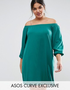 Платье мини с открытыми плечами и длинными рукавами ASOS CURVE Boho - Зеленый
