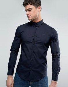 Темно-синяя узкая рубашка стретч с однотонным логотипом Armani Jeans - Темно-синий