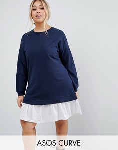 Трикотажное платье с рубашечной вставкой по низу ASOS CURVE - Синий