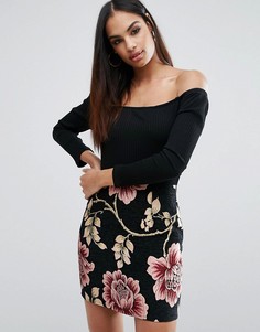 Платье 2-в-1 с открытыми плечами и жаккардовой юбкой Missguided - Черный