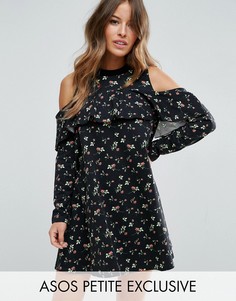 Трикотажное платье с открытыми плечами и оборкой ASOS PETITE - Черный