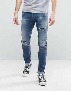 Выбеленные джинсы скинни с потертостями и заплатками Diesel Sleenker 679C - Синий