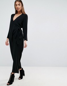 Комбинезон с длинными рукавами, запахом и завязкой ASOS - Черный