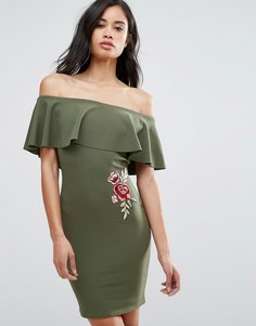 Платье с открытыми плечами и вышивкой розы Parisian - Зеленый