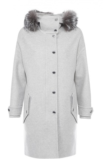 Шерстяное пальто прямого кроя с меховой отделкой капюшона Burberry