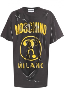 Хлопковая футболка с принтом в технике тромплей Moschino