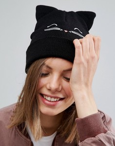 Шапка-бини с вышивкой в виде кошки ASOS - Черный