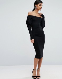 Платье миди с открытыми плечами и пышными рукавами ASOS - Черный