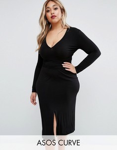 Платье миди с запахом на завязке и глубоким вырезом ASOS CURVE - Черный