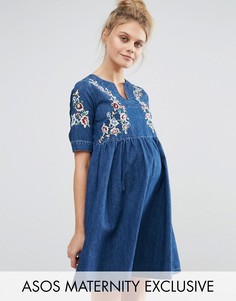 Джинсовое платье для беременных с присборенной юбкой и вышивкой ASOS MATERNITY - Синий