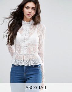 ASOS TALL Top In Lace With Button Font And Peplum Hem - Кремовый