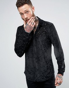 Бархатная рубашка стандартного кроя с принтом ASOS - Черный